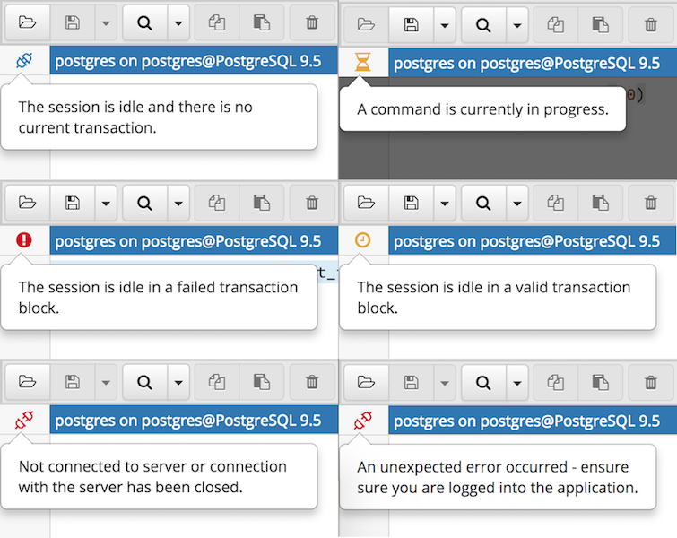 Query tool connection and transaction statuses