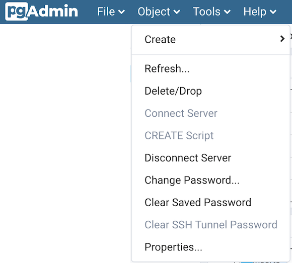 pgAdmin object menu bar