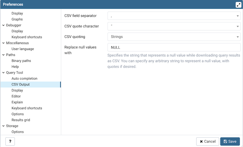 Preferences dialog sqleditor csv output option