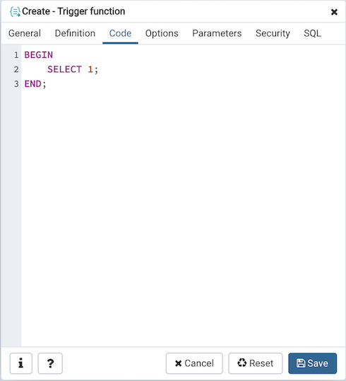 Trigger function dialog code tab