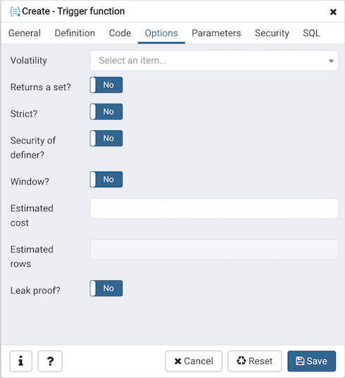 Trigger function dialog options tab