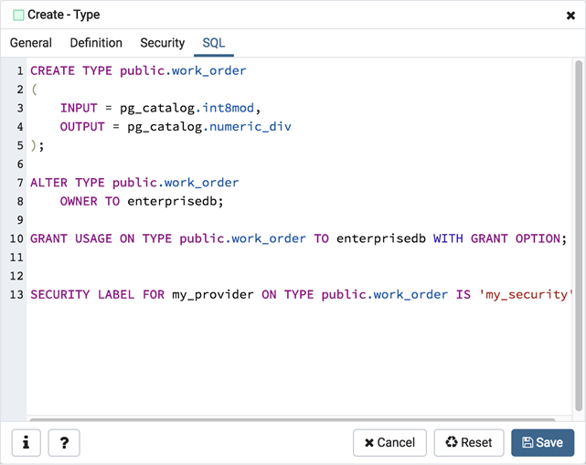 Type dialog sql tab