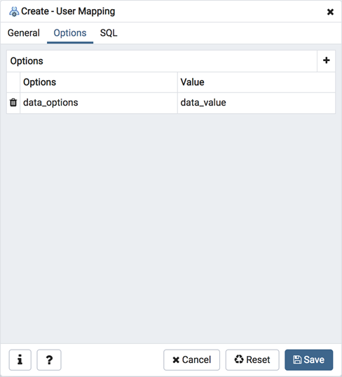 User Mapping dialog options tab