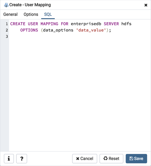 User Mapping dialog sql tab