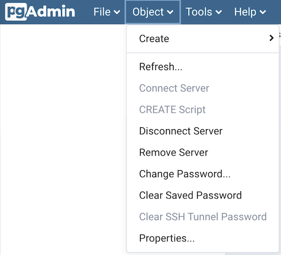 pgAdmin object menu bar