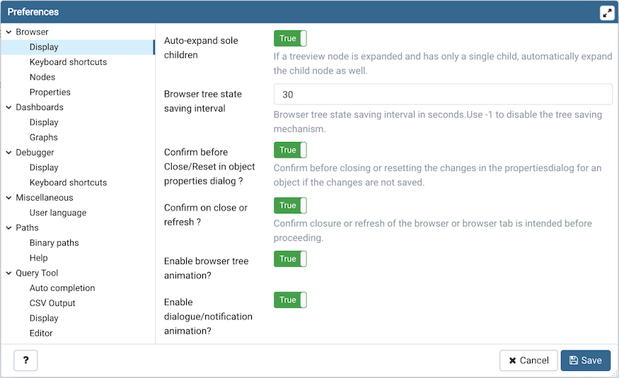 Preferences dialog browser display options