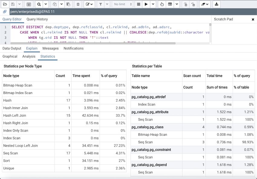 Query tool explain plan statistics