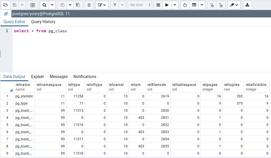 Query tool output panel