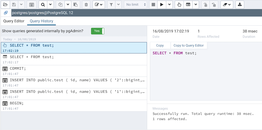 Query tool history panel