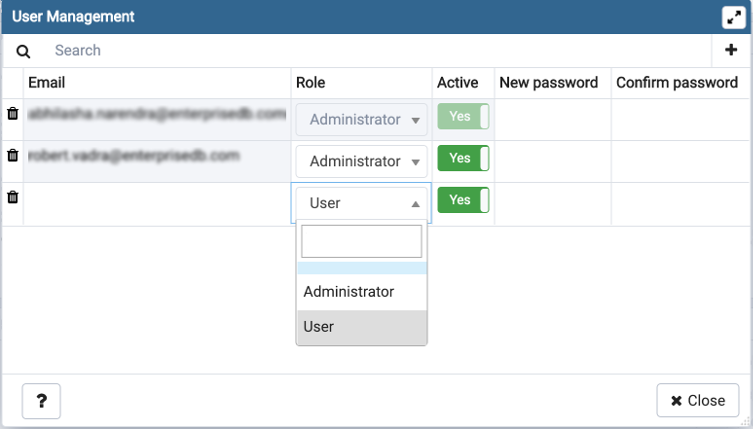 pgAdmin user management window add new user