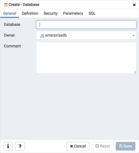 Database dialog general tab