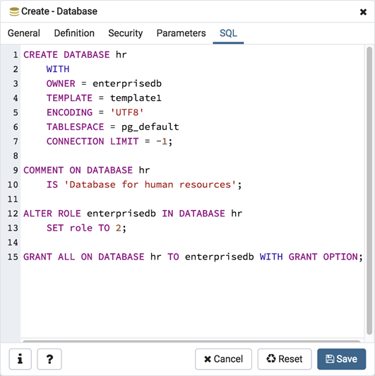 Database dialog sql tab