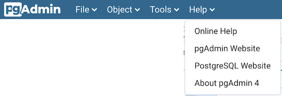 pgAdmin help menu bar