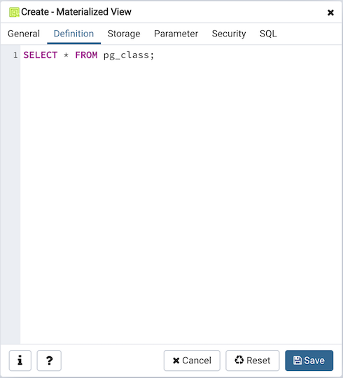 Materialized view dialog definition tab