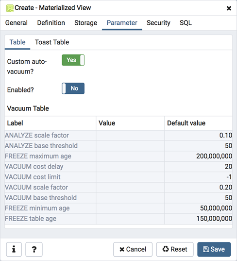 Materialized view dialog parameter tab