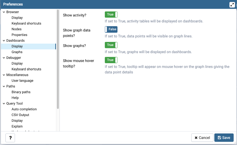 Preferences dialog dashboard display options