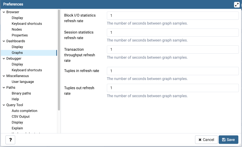 Preferences dialog dashboard graph options