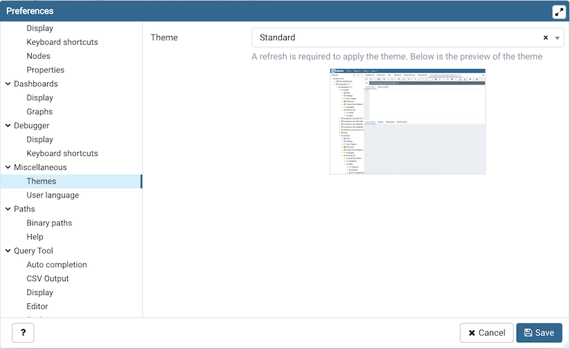 Preferences dialog themes section