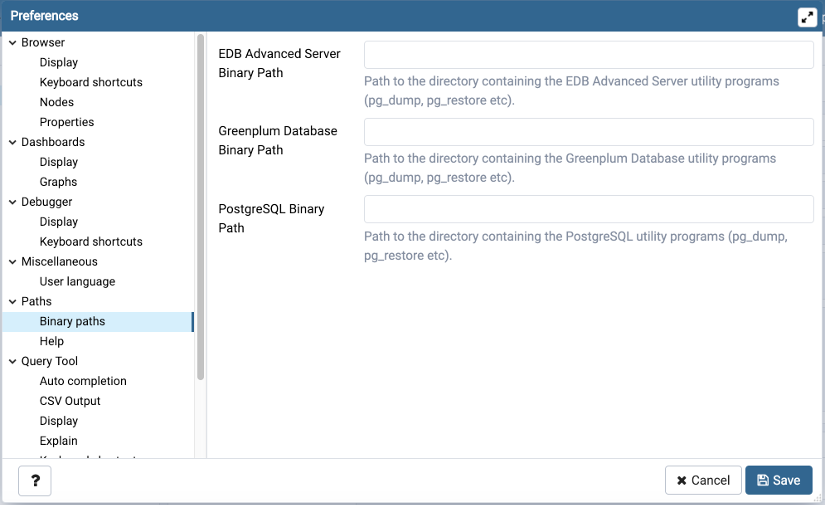 Preferences dialog binary path section