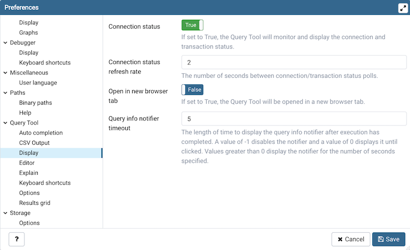 Preferences dialog sqleditor display options