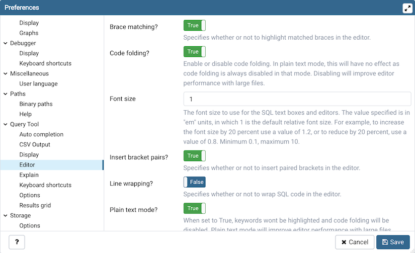 Preferences dialog sqleditor editor settings