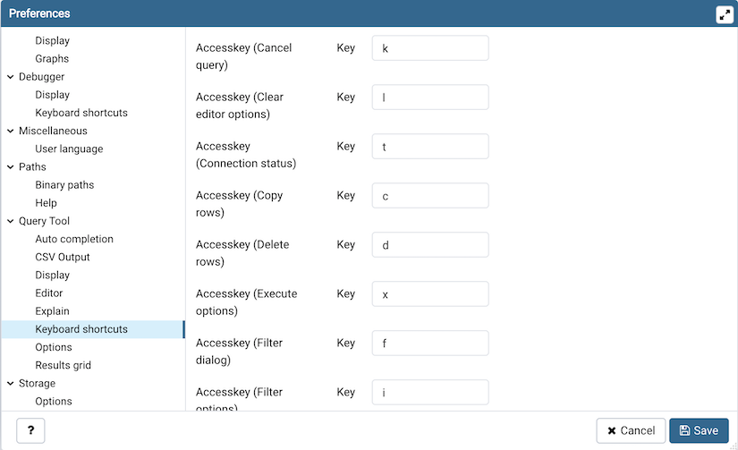 Preferences dialog sql keyboard shortcuts section