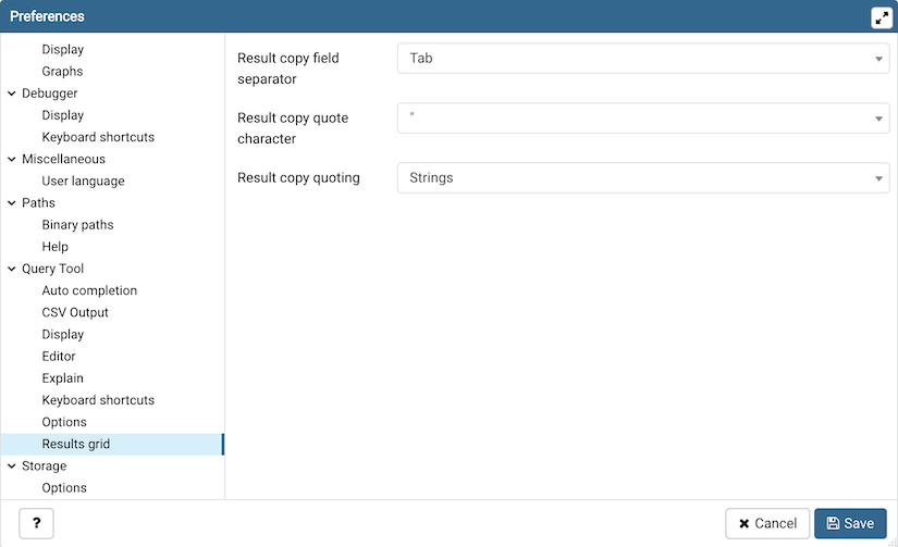 Preferences dialog sql results grid section