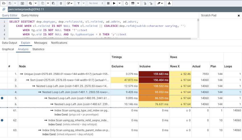 Query tool explain plan table