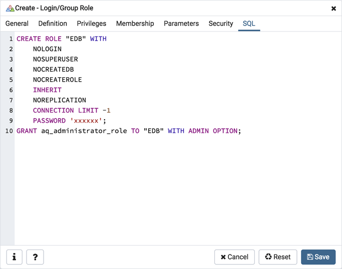 Role dialog sql tab