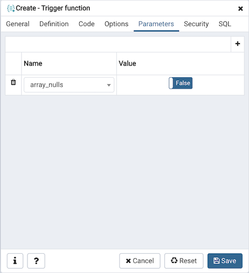 Trigger function dialog parameters tab