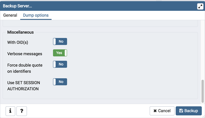 Miscellaneous option on backup server dialog