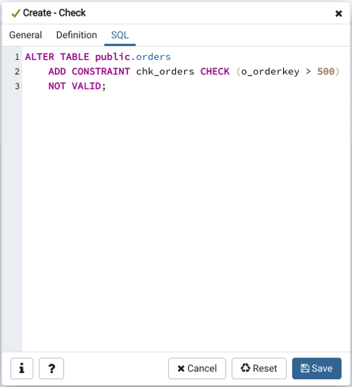 Check dialog sql tab