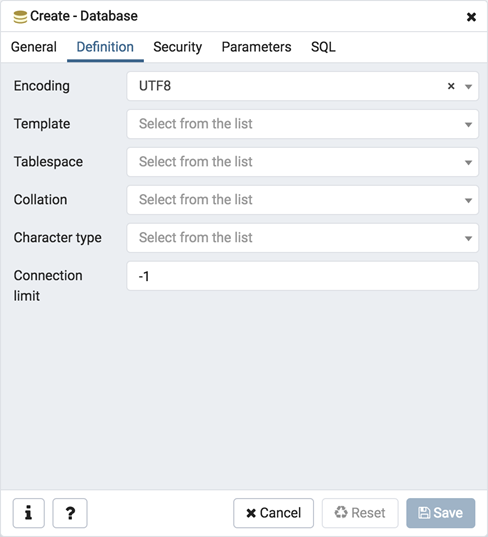 Database dialog definition tab