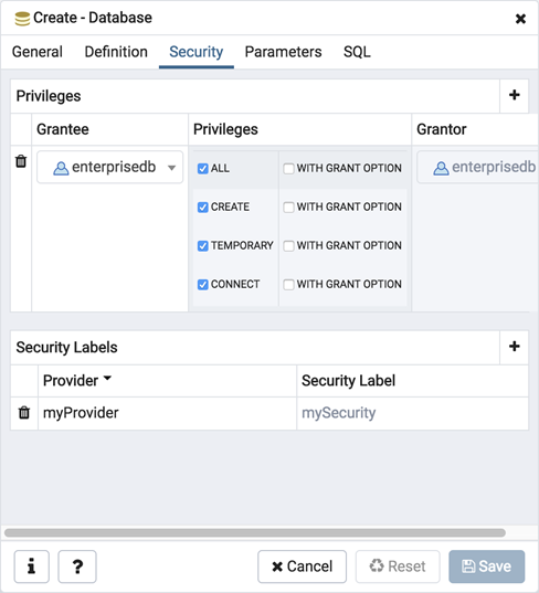 Database dialog security tab