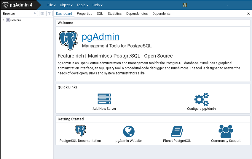 pgAdmin4 welcome page