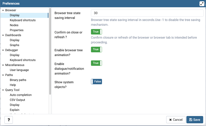 Preferences dialog browser display options