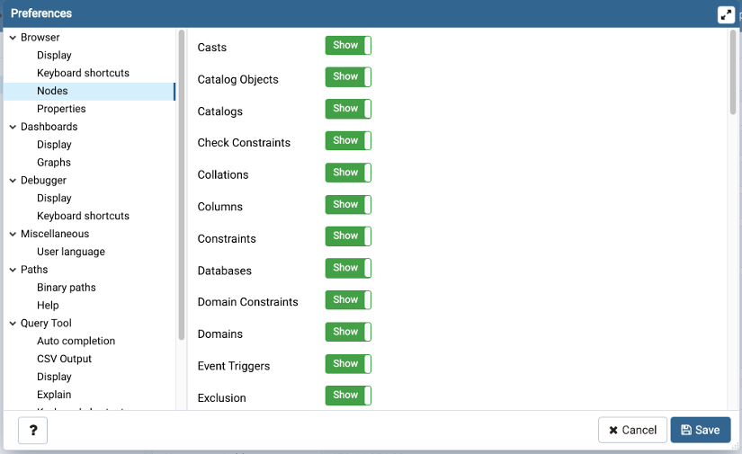 Preferences dialog browser nodes section