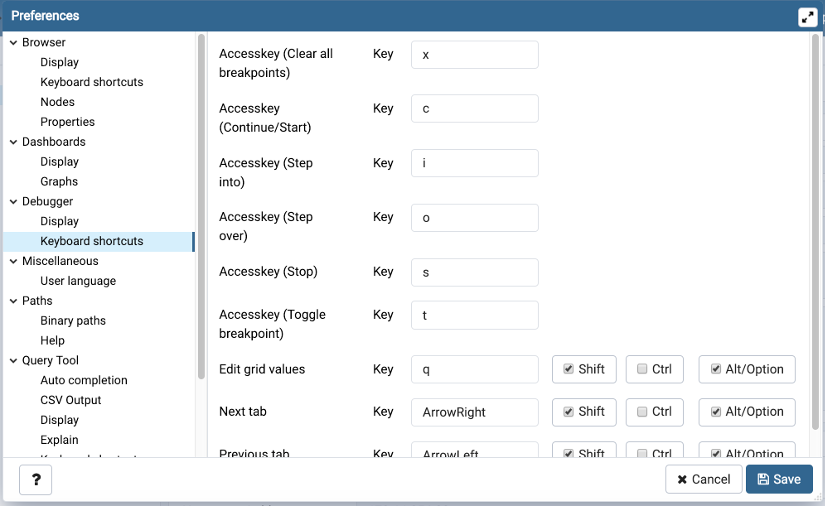 Preferences dialog debugger keyboard shortcuts section