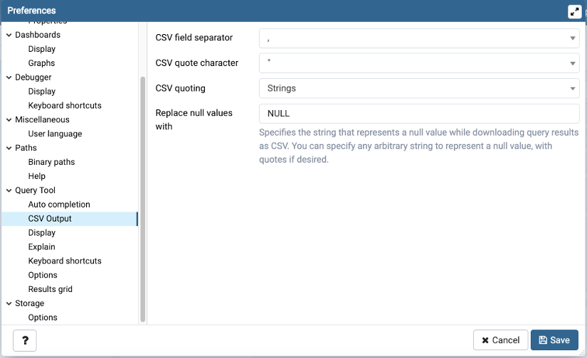 Preferences dialog sqleditor csv output option