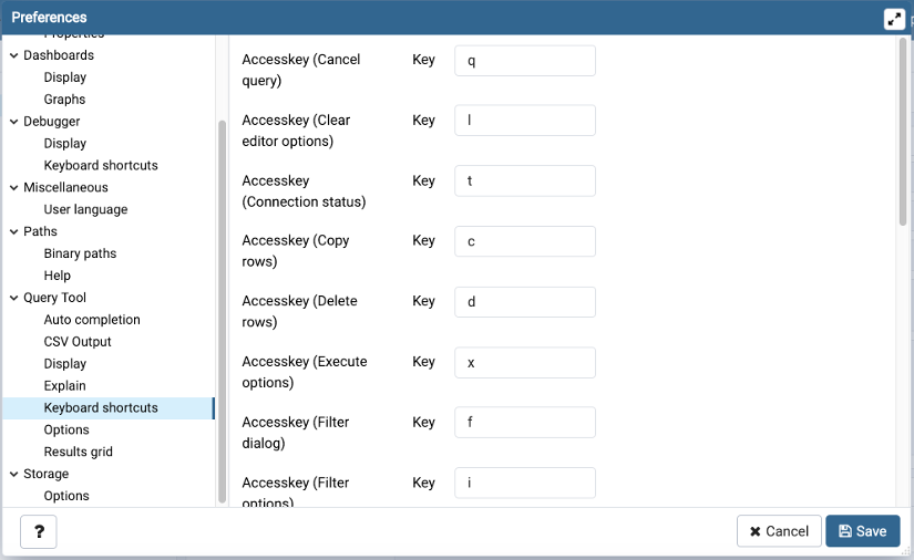 Preferences dialog sql keyboard shortcuts section