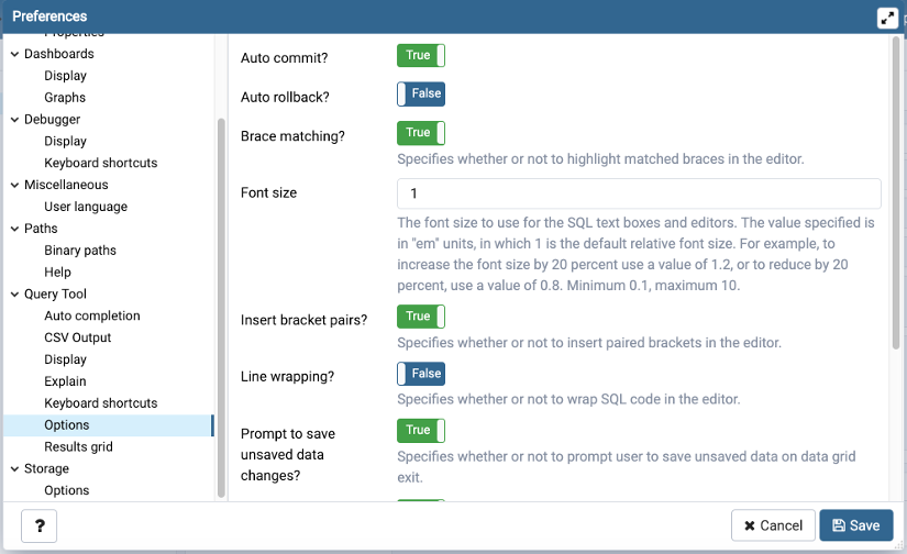 Preferences dialog sqleditor options section