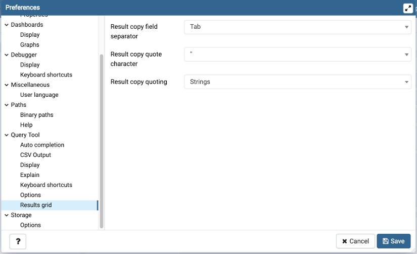 Preferences dialog sql results grid section