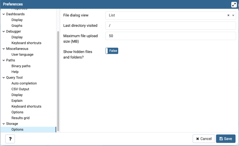 Preferences dialog storage section