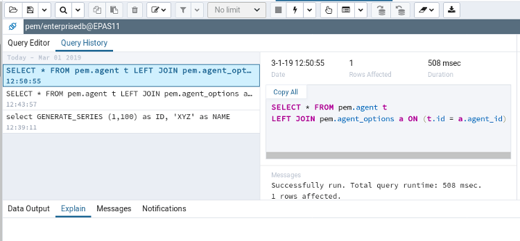 Query tool history panel