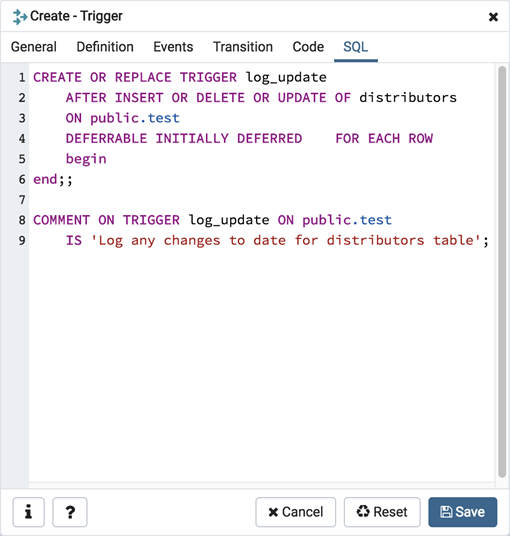 Trigger dialog sql tab