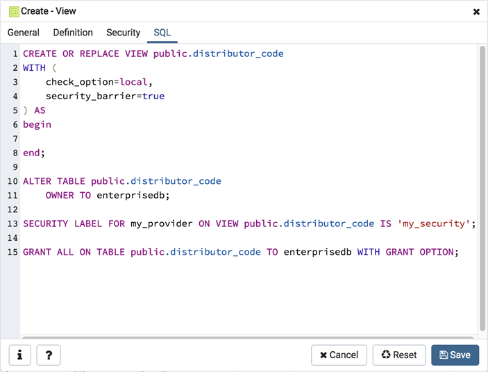 View dialog sql tab