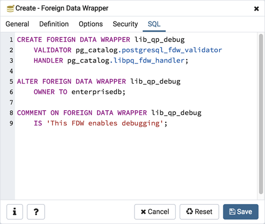 Foreign data wrapper dialog sql tab