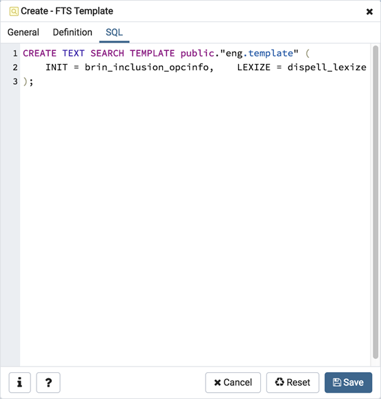 FTS template dialog sql tab