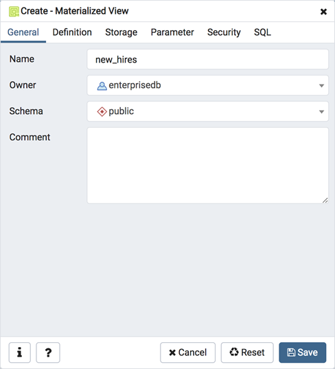 Materialized view dialog general tab