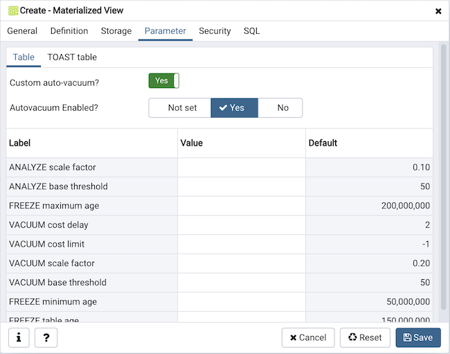 Materialized view dialog parameter tab